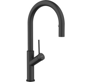 Black single-lever sink mixer with pull-out spout